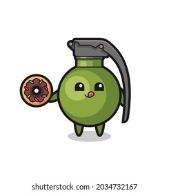 illustration of an grenade character eating a doughnut , cute style design for t shirt, sticker, logo element