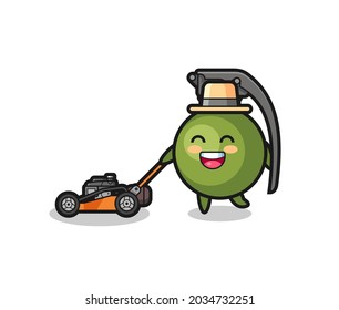 illustration of the grenade character using lawn mower , cute style design for t shirt, sticker, logo element