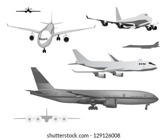 illustration with grey airplanes collection isolated on white background