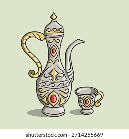 Illustration of a grey Arabic coffee or tea pot and cup with golden and red details