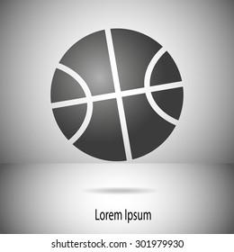 Illustration with grey background divided to two parts to create motif in space. Simple motif of basketball ball with specific grooves is placed in the middle with shadow in bottom part.