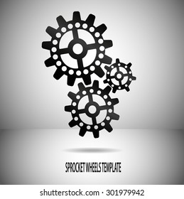 Illustration with grey background divided to two parts to create motif in space. Three black sprocket wheels with holes are placed there with shadow under.