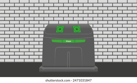 Illustration eines grauen großen Müllbehälters aus Glas Recycling auf einer Straße mit einer hellgrauen Ziegelwand als Hintergrund und einem dunkelgrauen Weg aus Asphalt als Boden in hoher Qualität und Auflösung