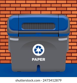 Illustration of a grey big trash container of paper recycle on a street with a orange brick wall as the background and a blue floor in high quality and resolution