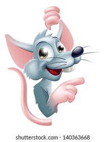 Illustration of a grey cartoon rat peeking round pointing at sign 