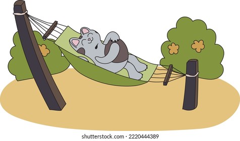 Illustration of a grey cat outdoors. A pet is resting lying on a hammock. The kitten sleeps surrounded by flower bushes. Ready to use eps for your design