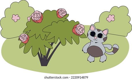 Illustration of a grey cat outdoors. The pet admires the large red flowers of roses on the bush. Cute kitten in a juicy meadow. Ready to use eps for your design