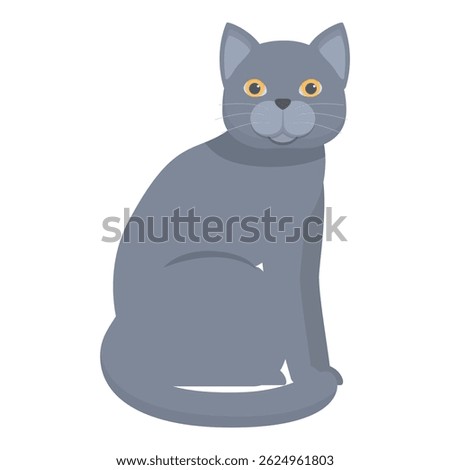 Illustration of a grey cat sitting and looking forward on a white background