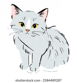 Illustration of a Grey Cat with Striking Yellow Eyes, Minimalist and Elegant A sleek grey cat with piercing yellow eyes, exuding mystery and elegance.