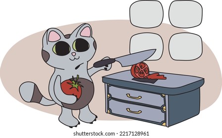 Illustration of a grey cat who cooks. A pet in the kitchen in a beautiful interior cuts tomatoes. Kitten chef with a big knife and ripe vegetables. Ready to use eps for your design