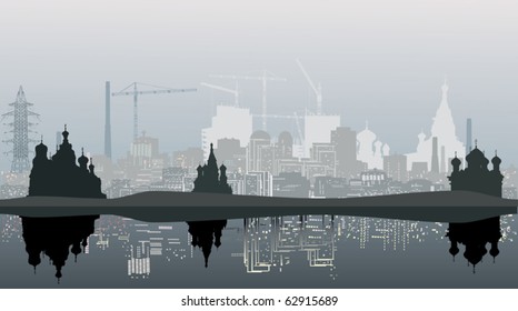illustration with grey city landscape