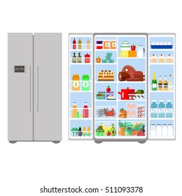 Illustration grey closed and opened refrigerator full of food - vector stock. Fruit, vegetables, meat, cheese, milk, eggs in freser. Daily ration.