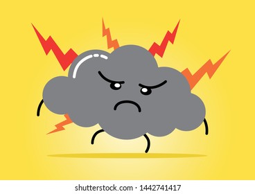 Illustration of grey cloud with angry expression with lighting at back