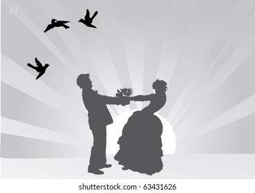 illustration with grey color wedding couple silhouette