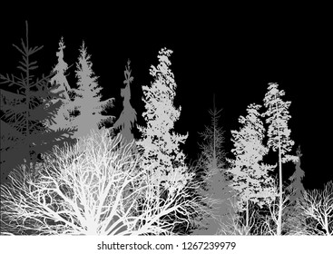 ilustración con bosque gris aislado en fondo negro