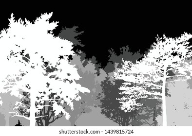 illustration with grey forest isolated on black background