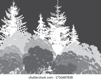 illustration with grey forest isolated on black background