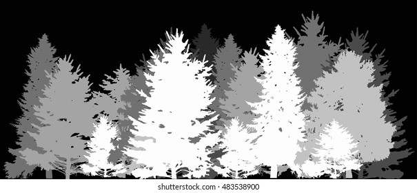 illustration with grey forest isolated on black background