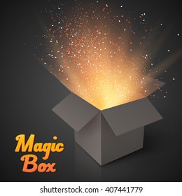 Illustration of Grey Magic Box with Confetti and Magic Light. Realistic Magic Open Box. Magic Gift Box with Magic Light Comming from Inside