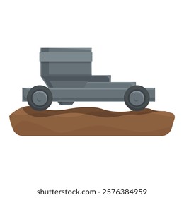 Illustration of a grey mine cart filled with coal, resting on railway tracks
