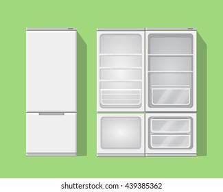 Illustration grey opened and closed empty refrigerator.Vector fridge icon