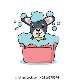 Illustration of a grey sitting dog in a bubble bath with a yellow collar 