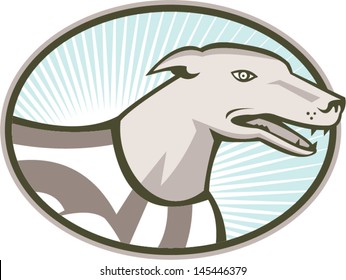 Illustration of a greyhound dog side view set inside oval done in retro style.