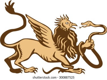 Illustration of a griffin, griffon, or gryphon holding snake viewed from side on isolated white background done in retro woodcut style.