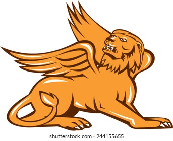 Illustration of a griffin, griffon, or gryphon sitting down looking up viewed from side on isolated white background done in retro style