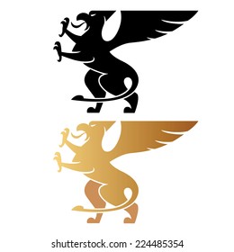 Illustration of a griffin with their paws on a white background. Vector. Logo. Sign.