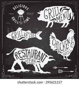 Illustration Grill Menu Labels Set of in Flat Design Style.