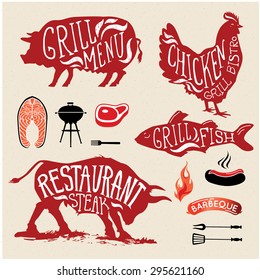 Illustration Grill Menu Labels Set of in Flat Design Style.