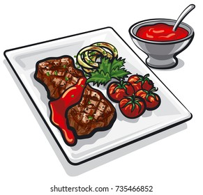 illustration of grilled beef steak with vegetables and tomato sauce