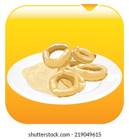 Illustration of grilled calamari rings with sauce on a plate