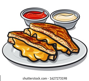 illustration of the grilled cheese sandwiches with sauce on the plate