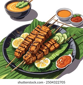 Illustration of grilled chicken satay with peanut sauce on white background