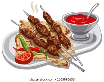 illustration of grilled kebab with pita bread