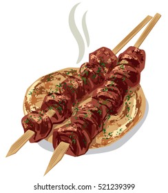 illustration of grilled meat kebab on pita bread