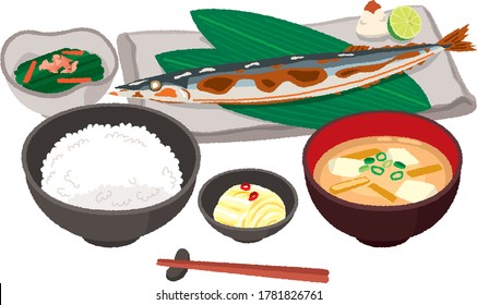 Illustration of grilled pacific saury set meal