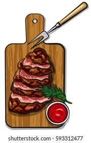 illustration of grilled sliced beef steaks on wood board with tomato sauce