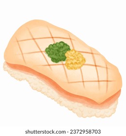 Illustration of grilled squid on sushi rice and wasabi