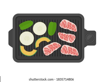 Illustration of grilling meat on a hot plate.