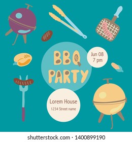 Illustration of grills, grilling tools and roasted food. Summer barbecue party. Invitation, flyer or poster design template. - Vector