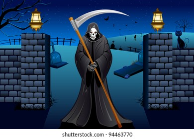 illustration of grim holding sword standing near graveyard
