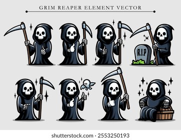 An illustration of grim reaper collection. Horror and spooky element. Halloween element design. Isolated on clear background. Vector Eps 10