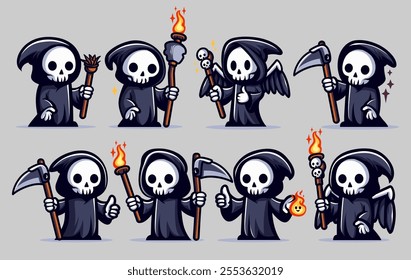 An illustration of grim reaper collection. Horror and spooky element. Halloween element design. Isolated on clear background. Vector Eps 10