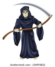 An illustration of a grim reaper death character holding a scythe