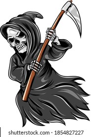 The illustration of the grim reaper flaying and holding the scythe and using the grey cloak 