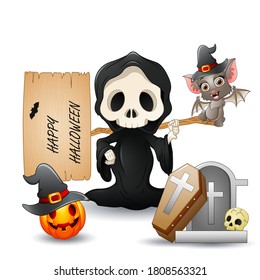 Illustration a grim reaper holding Happy Halloween sign letter