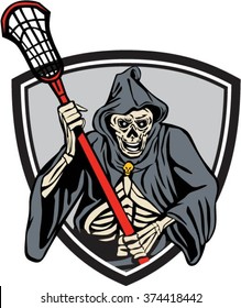 Illustration of the grim reaper lacrosse player holding a crosse or lacrosse stick pole viewed from front set inside crest shield done in retro style.